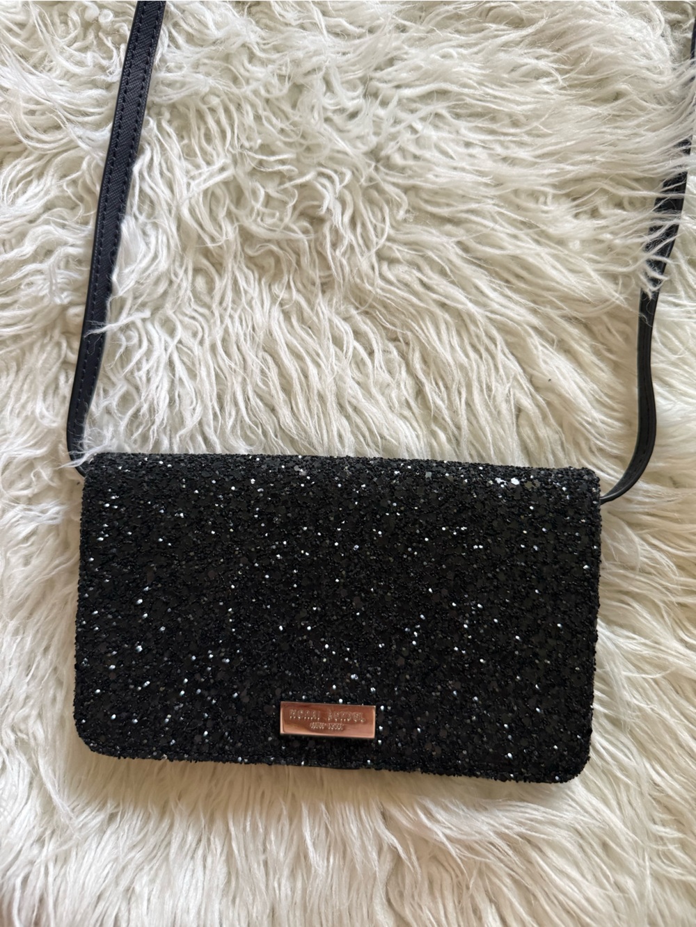 henri bendel Black Glitter Crossbody with Gold Logo Plate